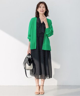 組曲 【ビジューボタン・アンサンブル対応】ハイゲージ ロングVネックカーディガン ダークグリーン系
