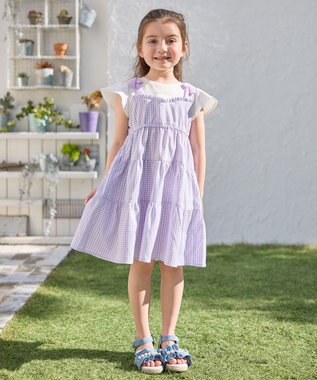 ANY KIDS サッカー ギンガム ワンピース ラベンダー系