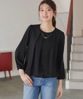 Tiaclasse 【洗える】ネックレス見えパーツ付きタックブラウス ブラック