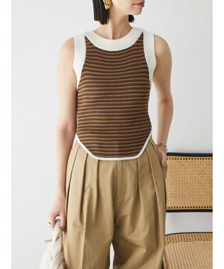 Green Parks デザインヘム配色ニットタンクトップ Brown