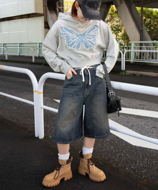 WEGO ウエストドロストダブルニーバギーハーフパンツ デニム中濃加工色