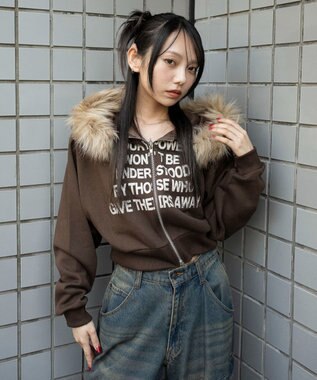 WEGO ファーフードショートZIPパーカー ブラウン