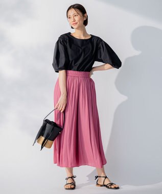 自由区 【洗える】コンビネーションシャーティング パフスリーブ カットソー ブラック系