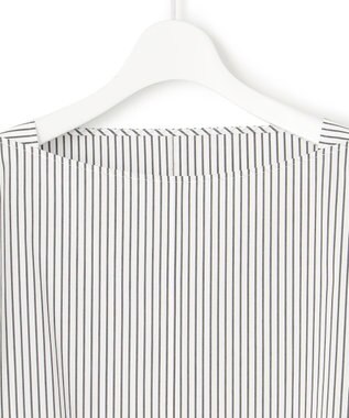 23区 L 【一部店舗限定/洗える】ハイカウントウェザーストレッチ ボートネック コンパクト ブラウス ホワイト×ブラックストライプ