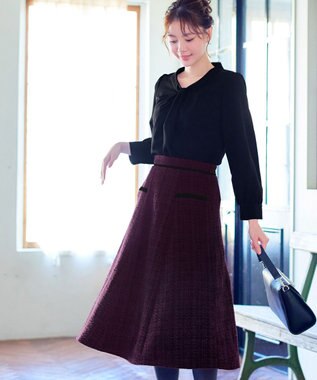 Tiaclasse L ベロアラインツイードスカート ワインレッド