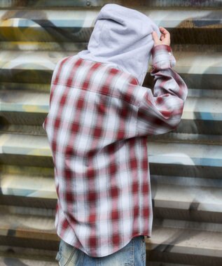 WEGO 【ユニセックス着用ITEM/MLサイズ展開】オンブレチェックフードシャツ（LS） レッドチェック1