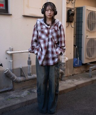 WEGO 【ユニセックス着用ITEM/MLサイズ展開】オンブレチェックフードシャツ（LS） レッドチェック1