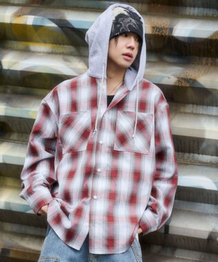 WEGO 【ユニセックス着用ITEM/MLサイズ展開】オンブレチェックフードシャツ（LS） レッドチェック1