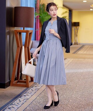 Tiaclasse L 【洗える】ベルト付きストライプワンピース ネイビー