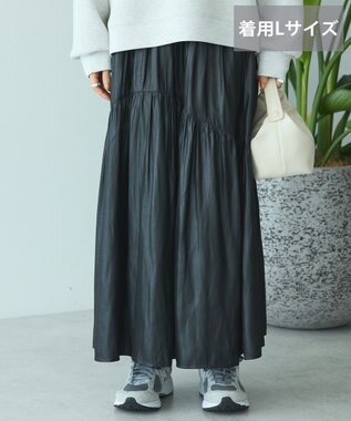 AMERICAN HOLIC 【選べる丈】チンツ加工ティアードスカート Black