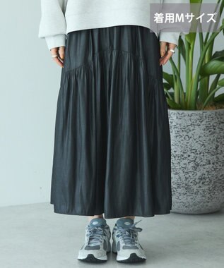 AMERICAN HOLIC 【選べる丈】チンツ加工ティアードスカート Black