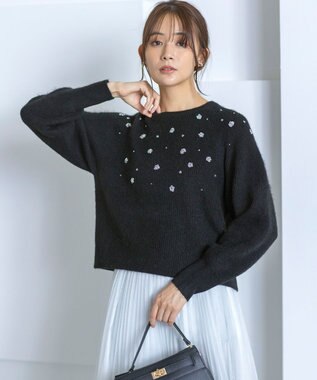 組曲 【WEB限定】モヘヤブレンド ビジューライク刺繍ニット ブラック系