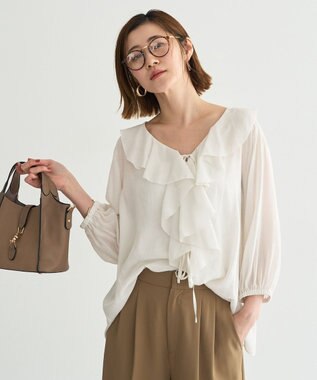 YECCA VECCA ラッフルリボンシアーブラウス Off White