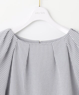 ANY SIS L 【洗える】ランタンスリーブサッカー ブラウス ブルーストライプ