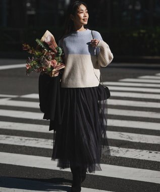 23区 S 【洗える】ウールカシミヤ カラーブロック バルキー ニット サックス×ベージュ