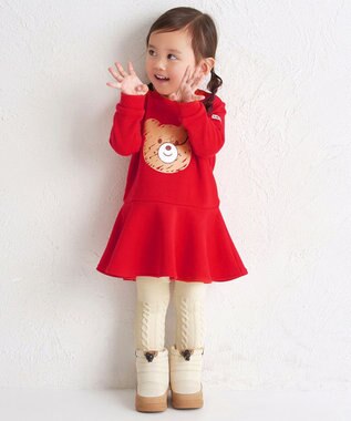 MIKI HOUSE HOT BISCUITS 【80-120cm】ビッグフェイスプリント 裏毛パイル素材 フレアワンピース 赤