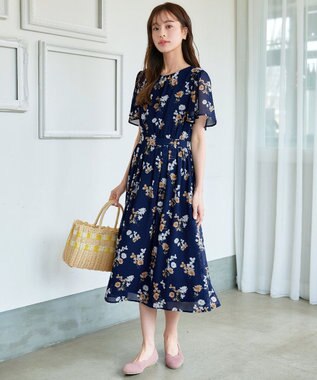 Tiaclasse 【小倉優子さん着用・洗える】大花柄シフォンワンピース ネイビー
