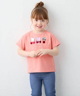 ANY KIDS 【綿100%】ドロップショルダーミラクルスパンコールTシャツ コーラル×サクランボ