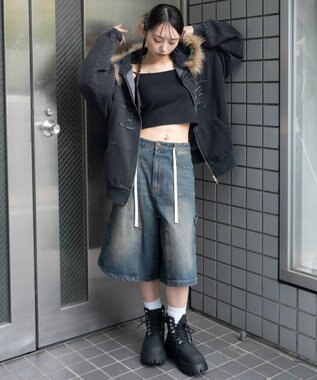 WEGO 裏起毛ファーフードBIGZIPパーカー スミクロ