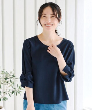 Tiaclasse 【洗える】ねじりリボン袖ブラウス ネイビー