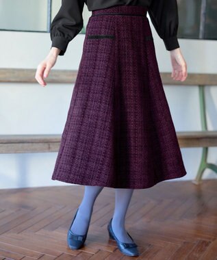 Tiaclasse L ベロアラインツイードスカート ワインレッド
