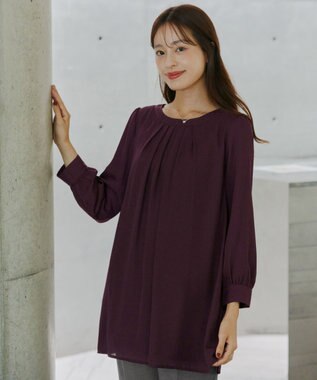 Tiaclasse L 【新色追加・洗える】裏起毛ジョーゼット胸元タックチュニックブラウス ボルドー