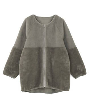 earth music&ecology 【リバーシブル】ノーカラーフェイクムートンコート Khaki
