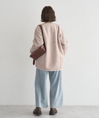 earth music&ecology 【リバーシブル】ノーカラーフェイクムートンコート Pink Beige