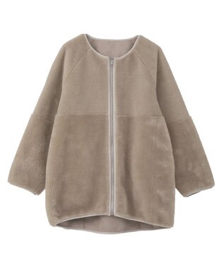 earth music&ecology 【リバーシブル】ノーカラーフェイクムートンコート Pink Beige