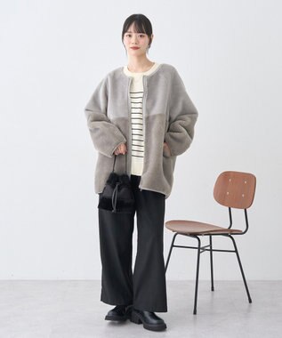 earth music&ecology 【リバーシブル】ノーカラーフェイクムートンコート Khaki