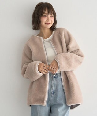 earth music&ecology 【リバーシブル】ノーカラーフェイクムートンコート Pink Beige