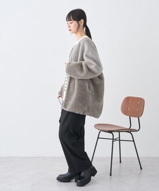 earth music&ecology 【リバーシブル】ノーカラーフェイクムートンコート Khaki