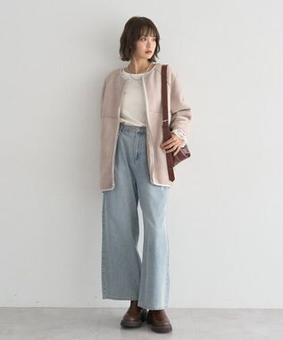 earth music&ecology 【リバーシブル】ノーカラーフェイクムートンコート Pink Beige