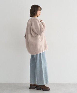 earth music&ecology 【リバーシブル】ノーカラーフェイクムートンコート Pink Beige