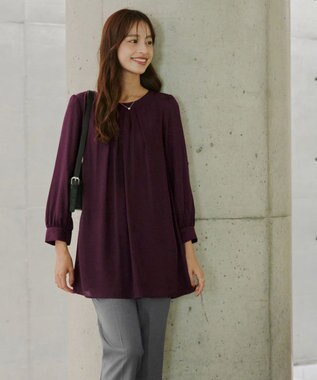 Tiaclasse L 【新色追加・洗える】裏起毛ジョーゼット胸元タックチュニックブラウス ボルドー