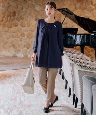 Tiaclasse L 【新色追加・洗える】裏起毛ジョーゼット胸元タックチュニックブラウス ネイビー