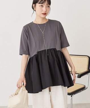 AMERICAN HOLIC 布帛切替ペプラム半袖プルオーバー Charcoal Gray