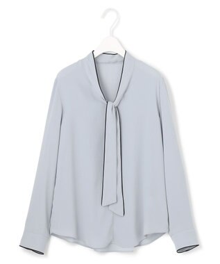 ICB L 【UVケア・速乾・接触冷感・洗える】BackSatinAmunzen 配色ボウタイブラウス サックスグレー系