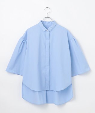 #Newans 【洗濯機可能/シワになりにくい】〈お尻・太ももをカバー〉フレアスリーブイタリアンカラーシャツ ブルー