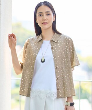 自由区 【WEB&一部店舗限定・サラリ触感】コットンサッカープリント シャツ ベージュ×オフ