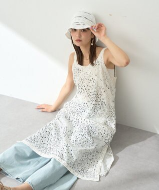 earth music&ecology 花柄プリントボーラー刺繍ミニキャミドレス Off White