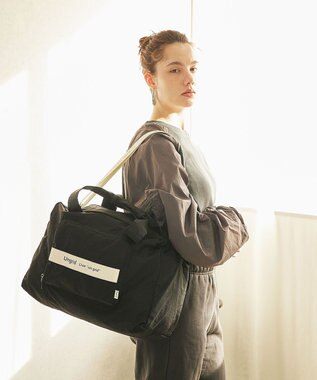 style code 【Ungrid/アングリッド】撥水軽量ソフトナイロン ロゴテープ折り畳みラージ　トラベルボストンバッグ(33L） BLK/IVO7603