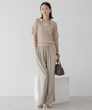 AMERICAN HOLIC 衿付きメッシュ編み半袖ニットプルオーバー Light Beige