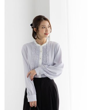 Te chichi フロントフリルバイカラーブラウス グレー