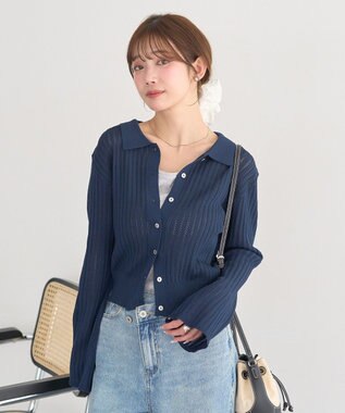 earth music&ecology 透かし編みフレアスリーブカーデガン Navy
