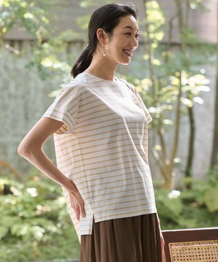 自由区 L 【UV加工・洗える】ハイカウントボーダー カットソー ベージュ系1