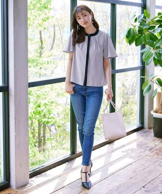 Tiaclasse L 【新色追加・洗える】フロントタック配色ブラウス グレー×ブラック