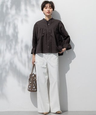 23区 L 【洗える】カラミ ストライプ  切り替え ブラウス ダークブラウン系