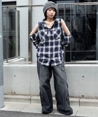 WEGO オープンショルダーチェックBIGシャツ ネイビー