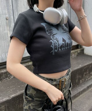 WEGO バタフライプリントリブT ブラック